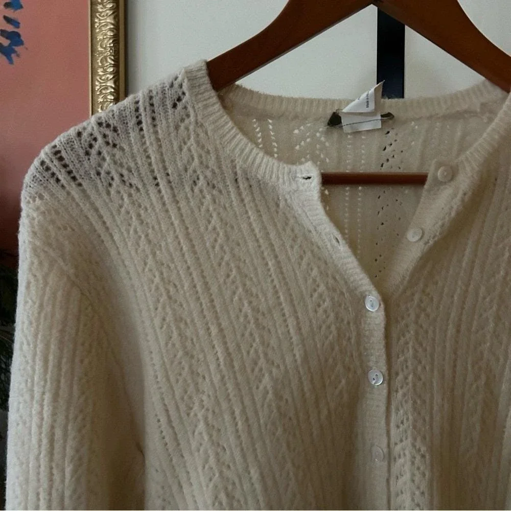 Vintage J. Crew Wool Pointelle Henley Sweater Buttons Knit Cream White Size‎ M
